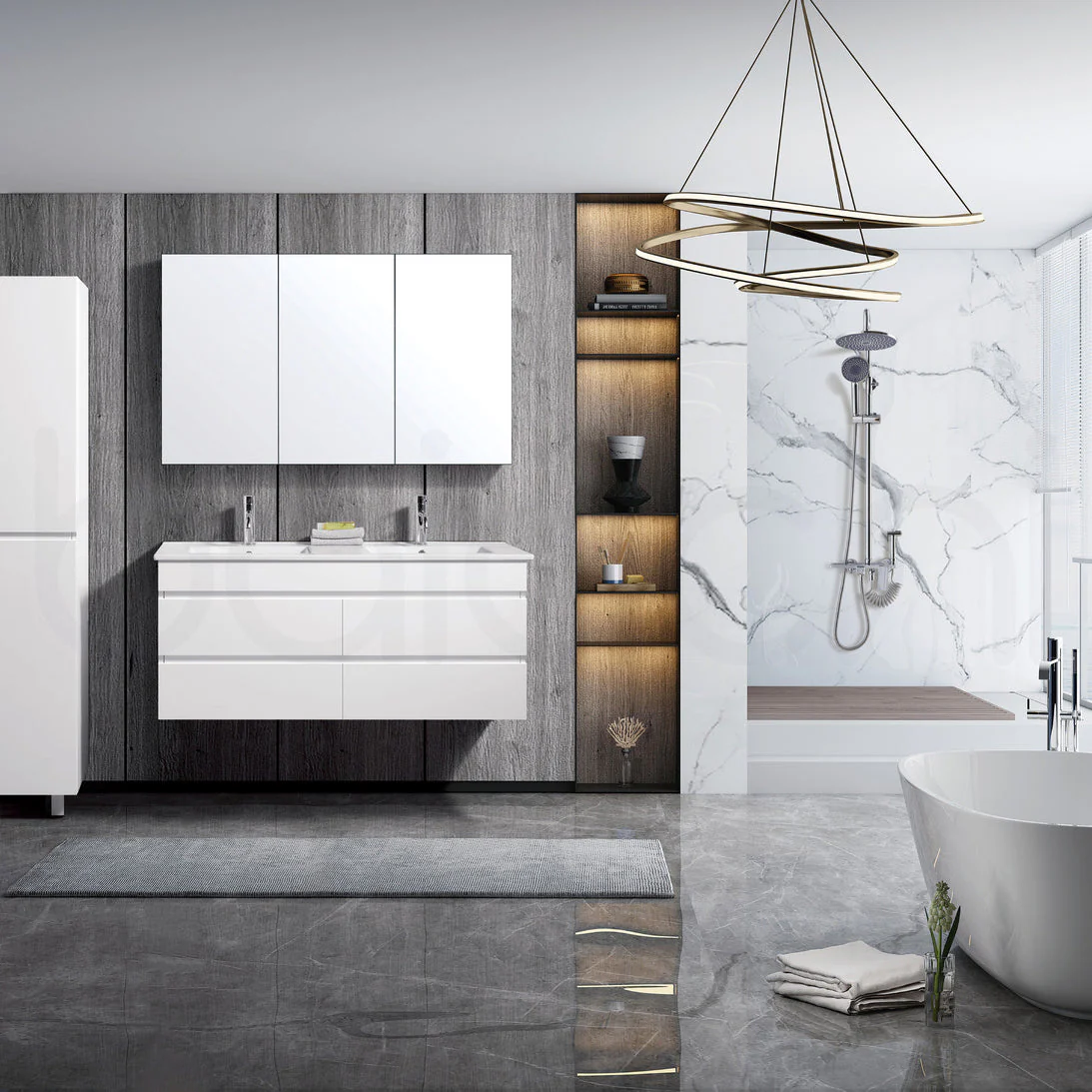 Vellena 1200mm PVC Water Proof Matte White Wall Hung Bathroom Vanity White Quartz Stone - Image 3