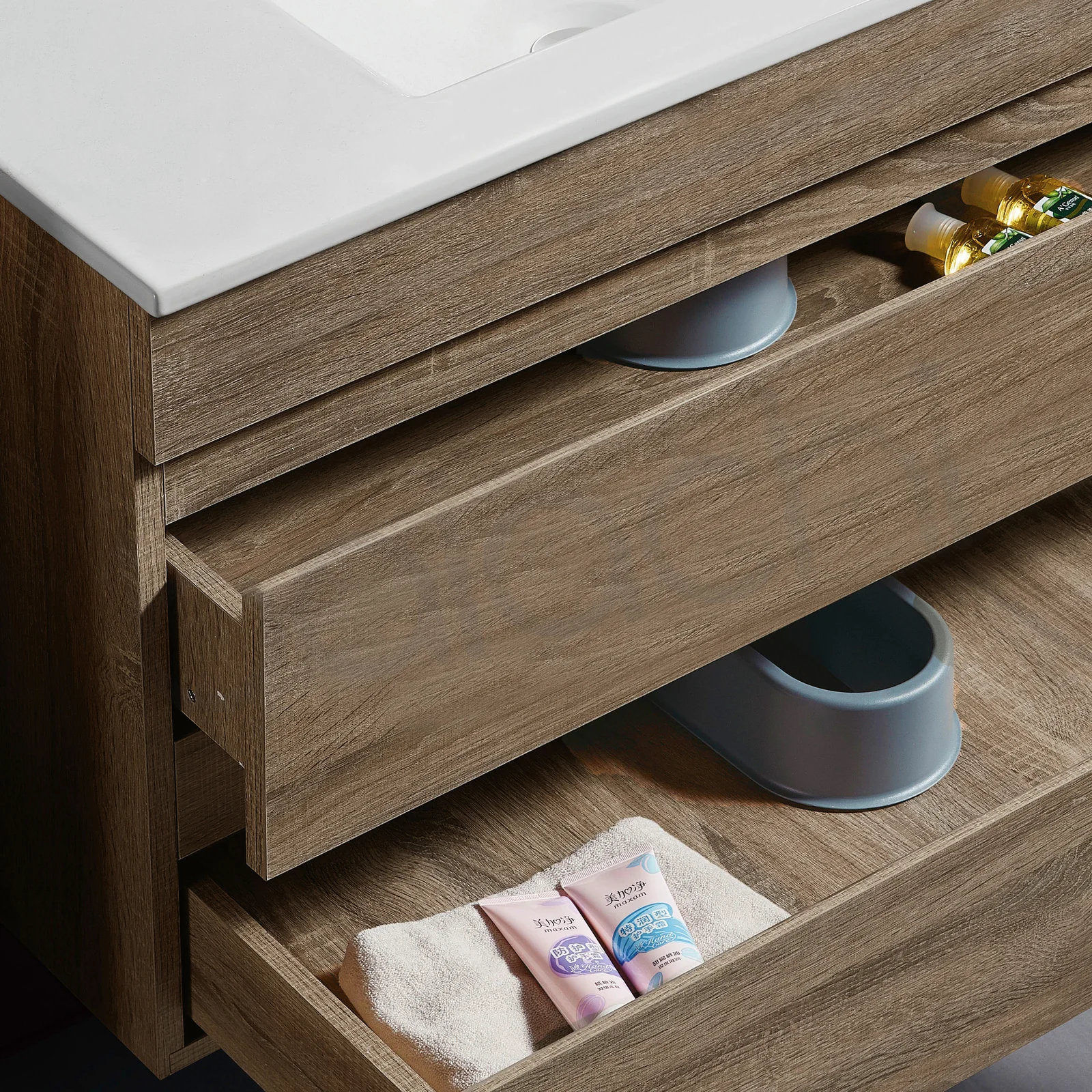 Vellena 1200mm PVC Water Proof Prime Oak Wall Hung Bathroom Vanity Calacatta Quartz Stone - Image 6
