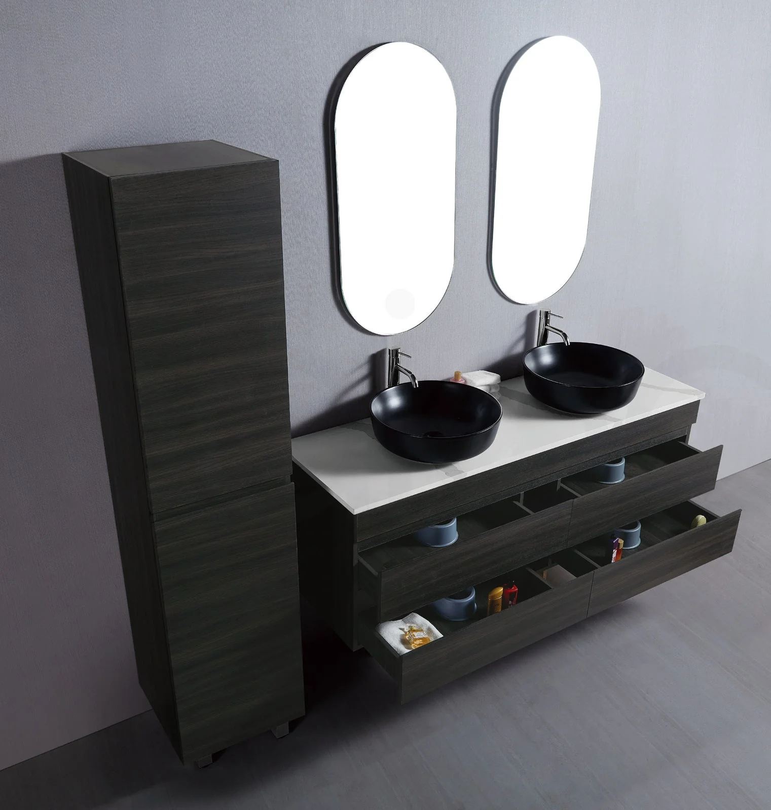 Vellena 1500mm Plywood Empire Oak Wall Hung Bathroom Vanity Calacatta Stone - Image 3
