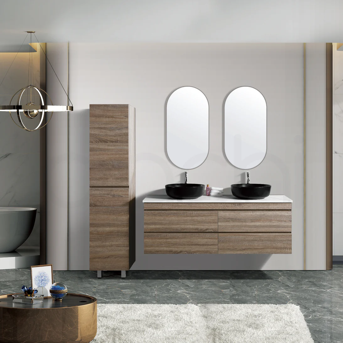 Vellena 1500mm Plywood Prime Oak Wall Hung Bathroom Vanity White Stone - Image 3