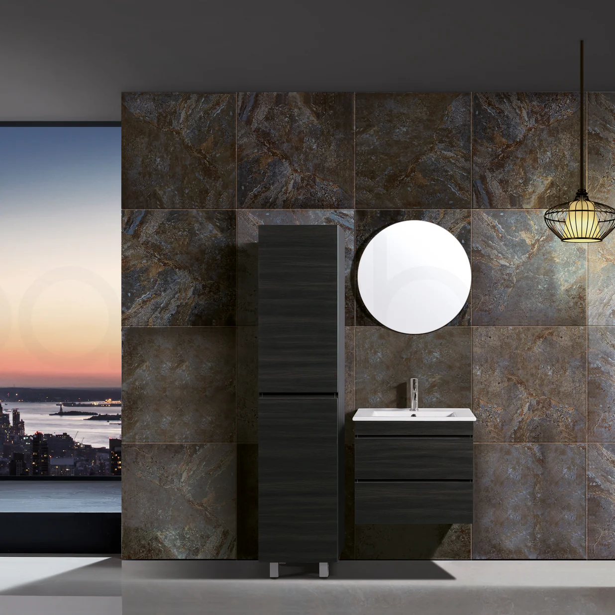 Vellena 600mm PVC Water Proof Empire Oak Wall Hung Bathroom Vanity White Quartz Stone - Image 3