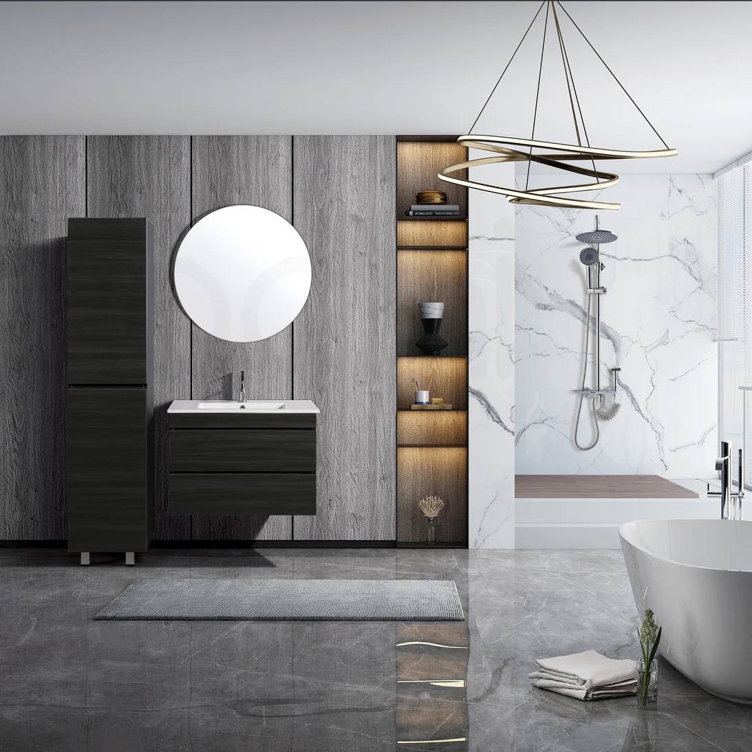 Vellena 750mm PVC Water Proof Empire Oak Wall Hung Bathroom Vanity Ceramic Basin - Image 3