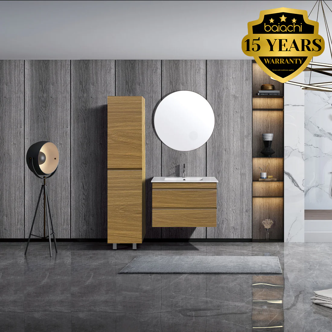 Vellena 900mm Plywood Prime Oak Wall Hung Bathroom Vanity Ceramic Basin - Image 2