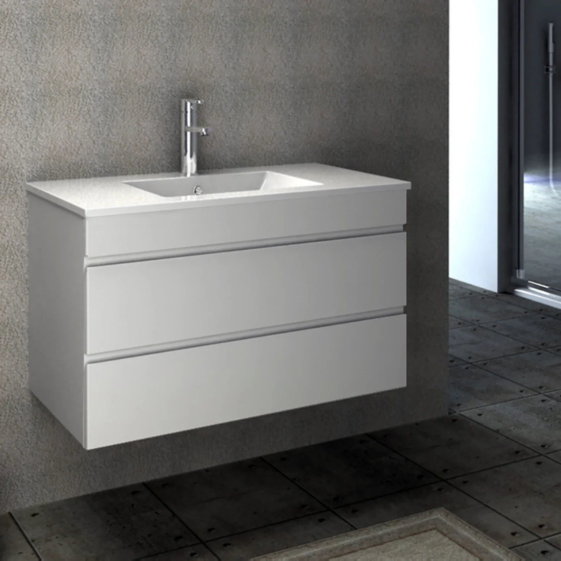 Vellena 900mm PVC Water Proof Matte White Wall Hung Bathroom Vanity Ceramic Basin - Image 3