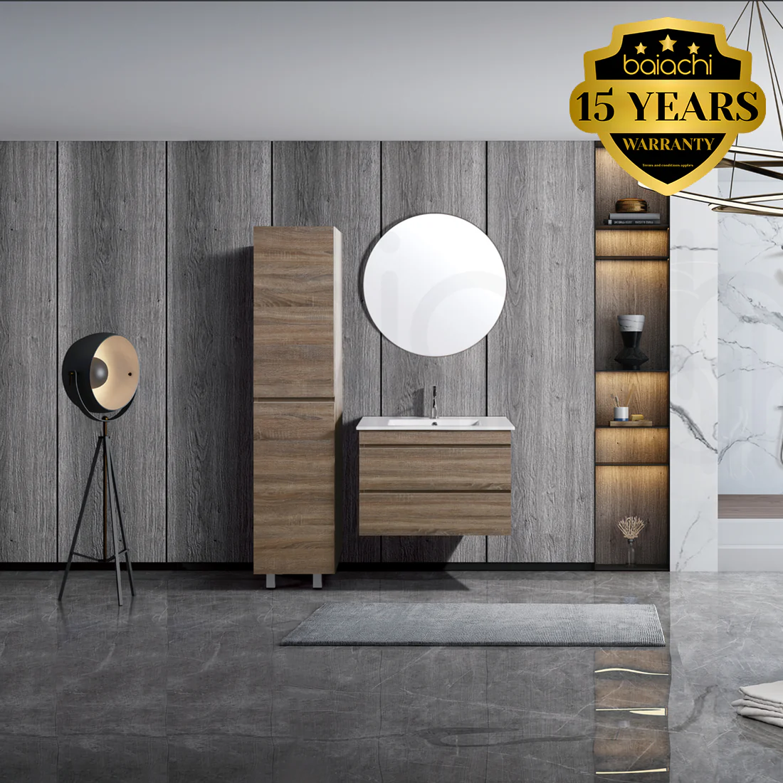 Vellena Plywood 750mm Wall Hung Prime Oak Bathroom Vanity Ceramic Basin - Image 3