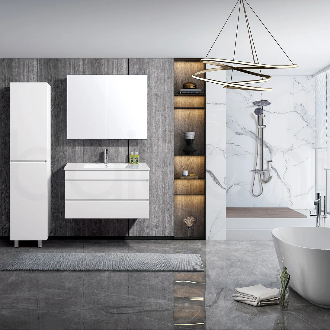 Vellena Plywood 900mm Wall Hung Bathroom Vanity Ceramic Basin - Image 3